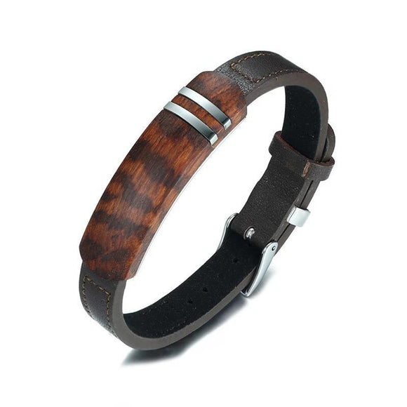 Bracelets - Genuine Leather Rosewood Plaque Bracelet For Men