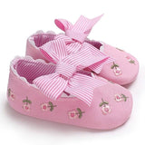 Baby Shoes - Flower Embroidered Baby Girl Denim  Shoes With Bow