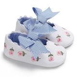 Baby Shoes - Flower Embroidered Baby Girl Denim  Shoes With Bow