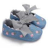 Baby Shoes - Flower Embroidered Baby Girl Denim  Shoes With Bow