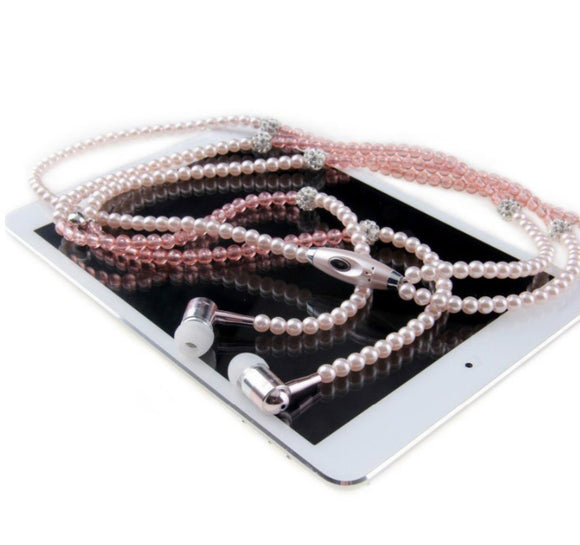 Pearl and Rhinestone Necklace Earphones with 3.5mm Audio Jack for iPhone and Xiaomi
