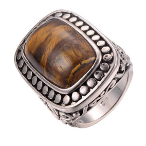 Men's Fashion Ring - Simulated Tiger's Eye Stone 925 Sterling Silver Ring For Men