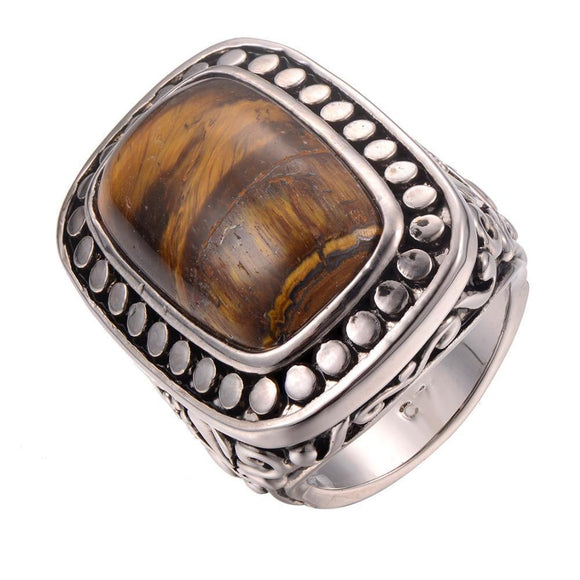 Men's Fashion Ring - Simulated Tiger's Eye Stone 925 Sterling Silver Ring For Men