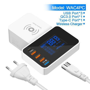 Multi-port USB LED DIsplay Charger - Rocketek EU Plug Quick Charge 3.0 Smart USB Type C USB Charger Station