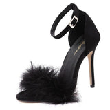 Women's Shoes - Fuzzy Fur Peep Toe Ankle Strap High Heels