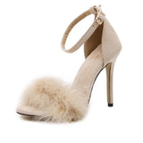 Women's Shoes - Fuzzy Fur Peep Toe Ankle Strap High Heels