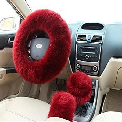 Car Steering Wheel Cover - Three(3)Pcs Plush Fur Steering Wheel, Handbrake And Gear Cover Set